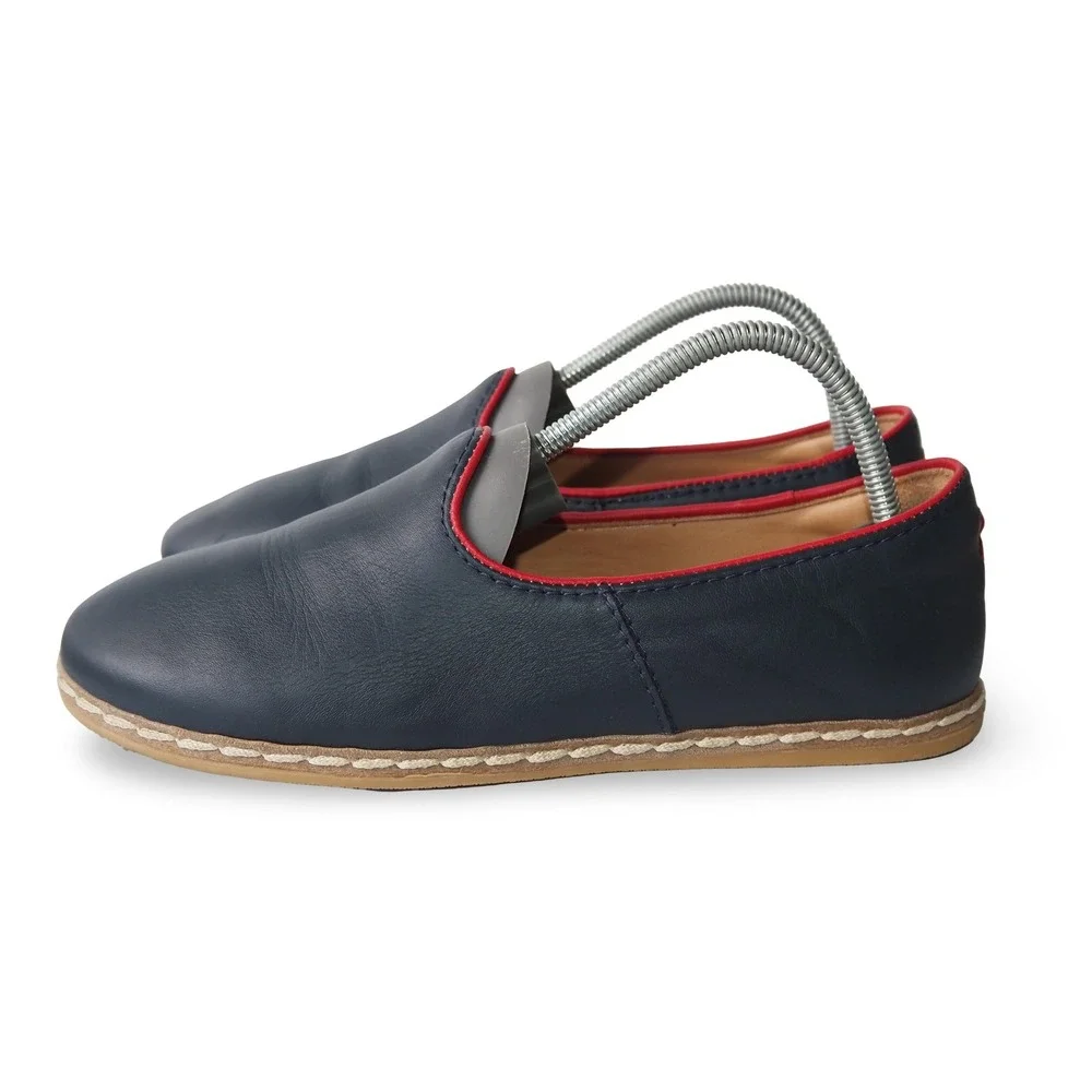 Charix Classic Leather Minimalist Slip-on Loafers Womens 7 37 Navy Red Trim